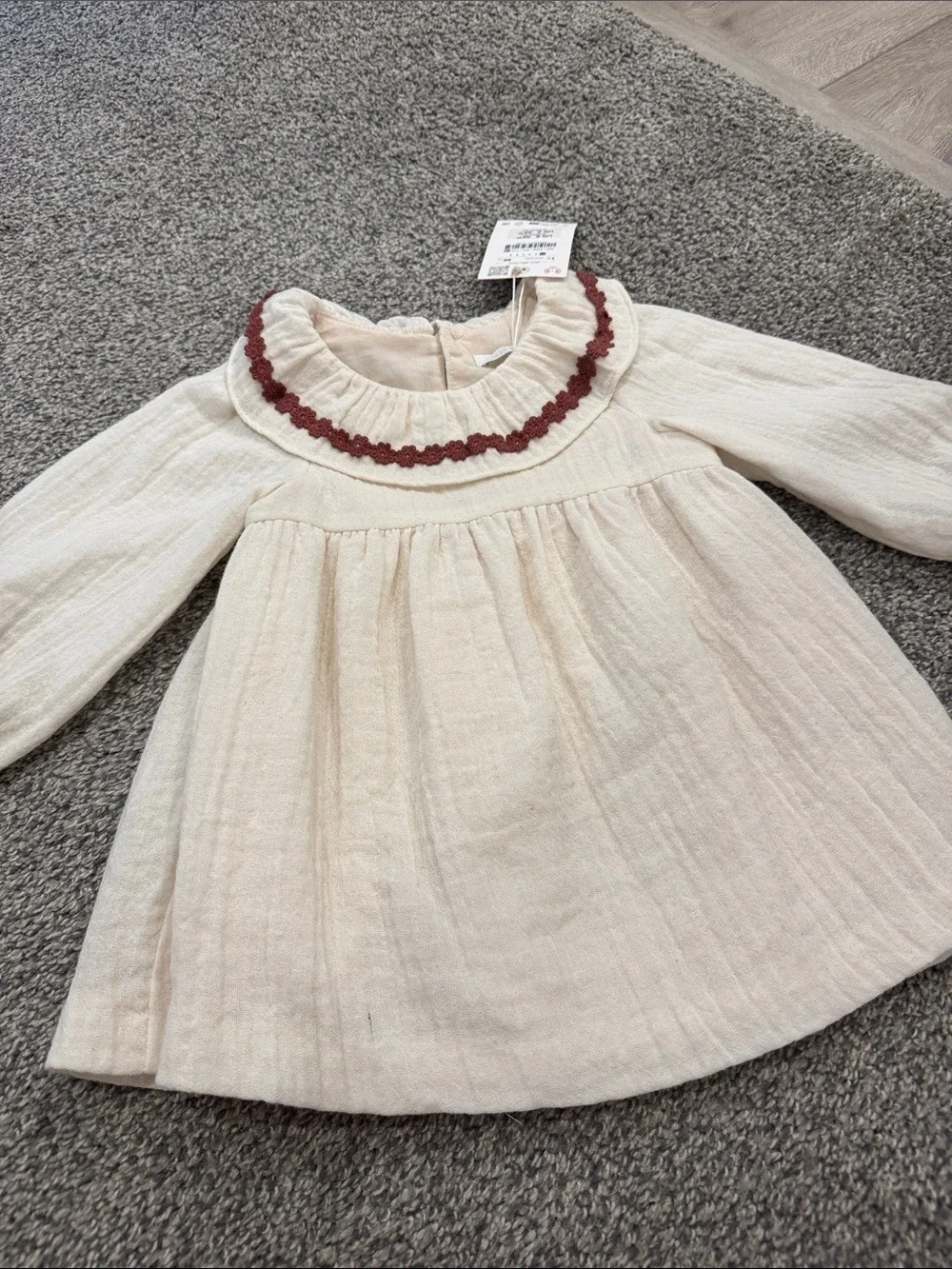 Zara Cream Girls' Dress with Brown Trim